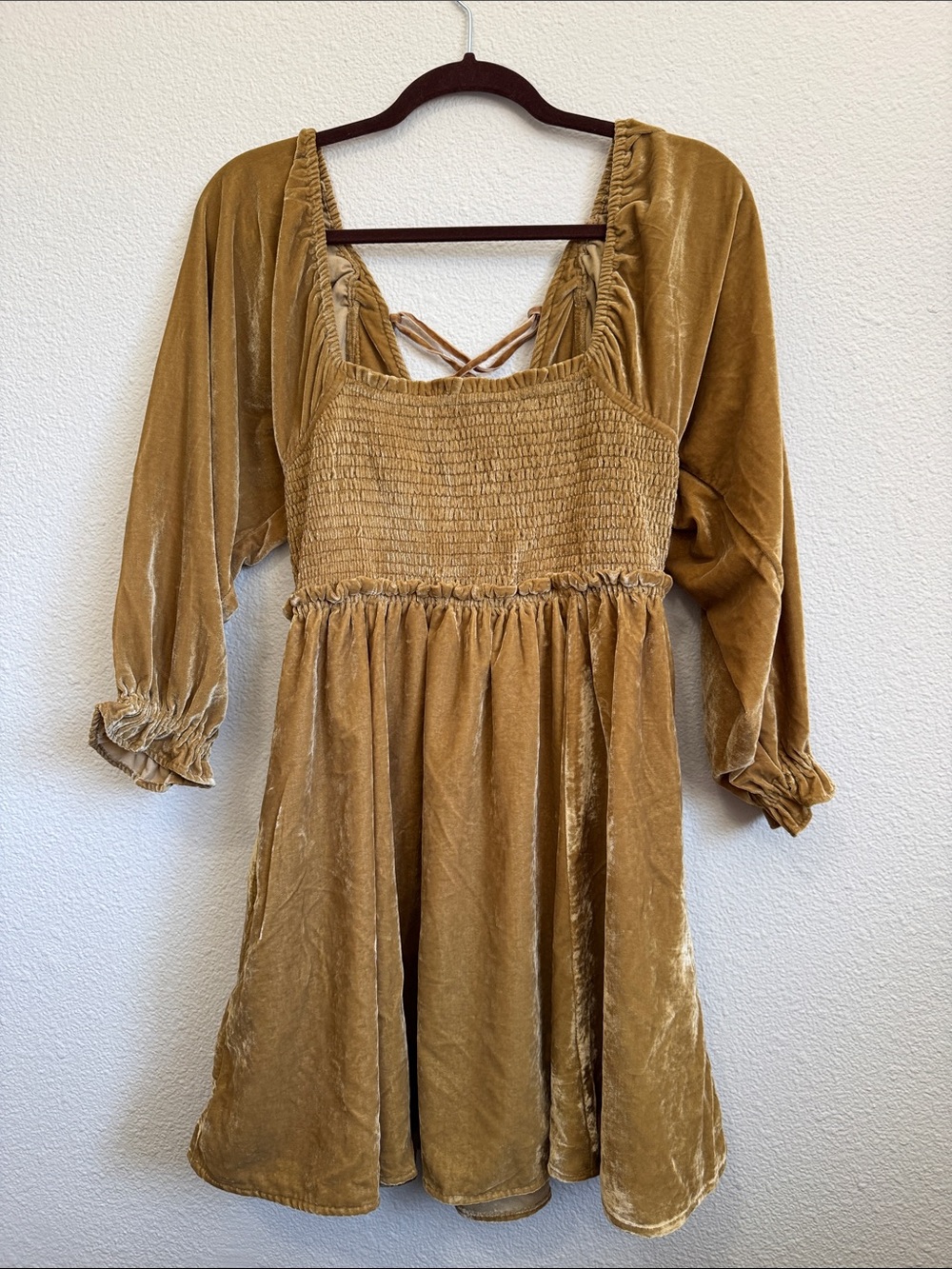 Free People Mustard Velvet Smocked Mini Dress